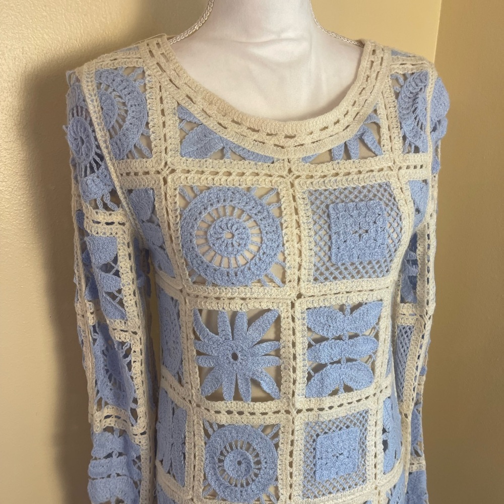 Ivory Crochet Lace Mini Dress S Granny Square Patchwork Boho Cottagecore Retro - Picture 3 of 14